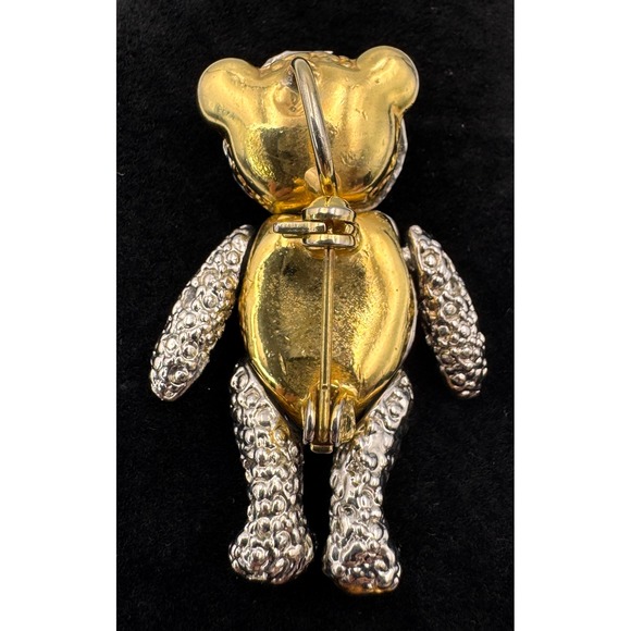 Vintage Silver Gold Tone Articulated Teddy Bear Pendant Brooch Blue Crystal Eyes - Picture 3 of 10